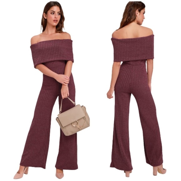 Lulu’s Off Shoulder Burgundy Ribbed Knit Wide Leg Jumpsuit - Picture 1 of 8